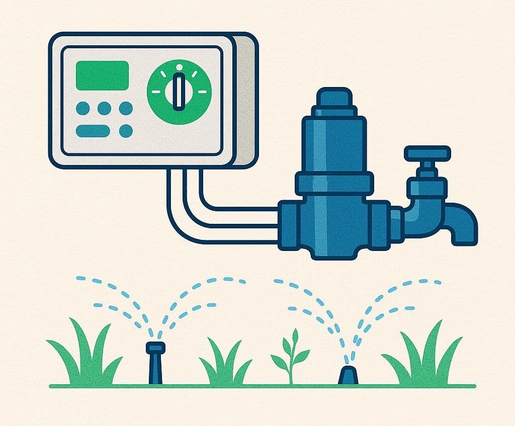 IrriGators LLC graphic showing how electricity powers an irrigation controller and valves