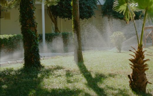 sprinkler system running on grassy yard with palm trees